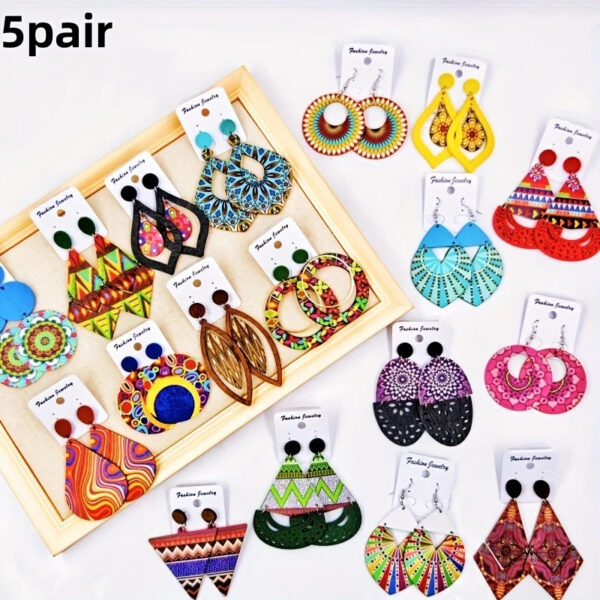 Lot de 5 Paires de Boucles d'Oreilles en Bois - Style Ethnique Chic - Artisanat